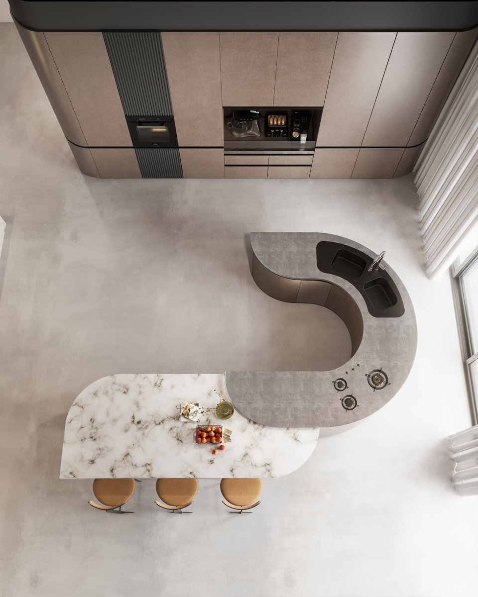 Kuche7official's tweet image. Affogato Kitchen: A Sculptural Masterpiece in Motion

The Affogato Kitchen unveils its fluid design—a seamless blend of curved cabinetry and an organic island extension. 
#AffogatoKitchen #modularkitchen #stainlesssteelkitchen #kitchendesign #kitchenisland #kitchenideas #Kuche7