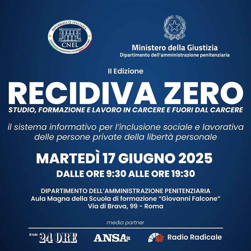 📌 SAVE THE DATE

RECIDIVA ZERO (II Edizione)
Studio, formazione e lavoro in carcere e fuori dal carcere

Maggiori info: cnel.it/Comunicazione-…

🔴 Programma: cnel.it/Portals/0/CNEL…

🔴 Per partecipare: forms.office.com/pages/response…

🔴 Diretta streaming: youtube.com/live/xC9nKjHPD…