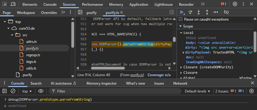 Small tip for the JavaScript reverse engineers out there, Chrome has a `debug()` function which triggers a breakpoint whenever its first argument is called. It even works on built-in methods, no more wrapping stuff in proxies :D

debug(DOMParser.prototype.parseFromString)