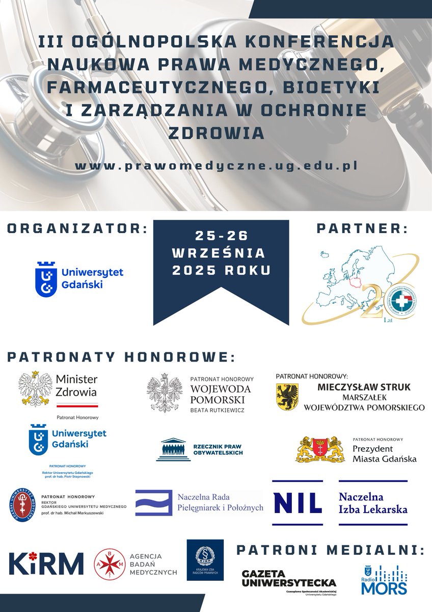 Agencja Oceny Technologii Medycznych i Taryfikacji (@aotmit) on Twitter photo Uniwersytet Gdański oraz <a href="/aotmit/">Agencja Oceny Technologii Medycznych i Taryfikacji</a> mają zaszczyt zaprosić do udziału w jednej z najważniejszych interdyscyplinarnych debat naukowych poświęconych ochronie zdrowia w Polsce.
🗓️25–26 września 2025 r.
📍Uniwersytet Gdański
🌐Strona wydarzeia: prawomedyczne.ug.edu.pl/?fbclid=IwZXh0… Uniwersytet Gdański oraz <a href="/aotmit/">Agencja Oceny Technologii Medycznych i Taryfikacji</a> mają zaszczyt zaprosić do udziału w jednej z najważniejszych interdyscyplinarnych debat naukowych poświęconych ochronie zdrowia w Polsce.
🗓️25–26 września 2025 r.
📍Uniwersytet Gdański
🌐Strona wydarzeia: prawomedyczne.ug.edu.pl/?fbclid=IwZXh0…