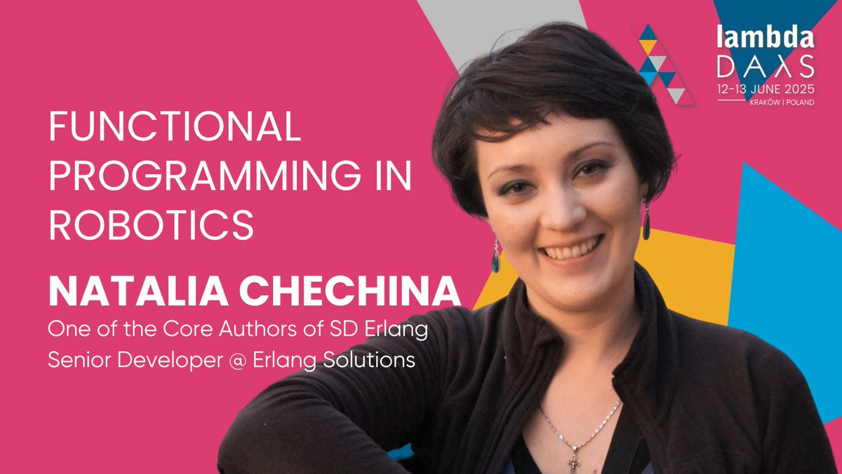 Erlang Solutions (@erlangsolutions) on Twitter photo Day two of <a href="/LambdaDays/">Lambda Days</a> and <a href="/nchechina/">Natalia Chechina</a> is speaking! Catch 'Functional programming in robotics' at 14:20 local time. ๐ค
Learn why are robots lagging behind in FP and distributed systems. And get updates from the ROSiE (ROS integrating Erlang) project! โก๏ธ lambdadays.org/lambdadays2025โฆ Day two of <a href="/LambdaDays/">Lambda Days</a> and <a href="/nchechina/">Natalia Chechina</a> is speaking! Catch 'Functional programming in robotics' at 14:20 local time. ๐ค
Learn why are robots lagging behind in FP and distributed systems. And get updates from the ROSiE (ROS integrating Erlang) project! โก๏ธ lambdadays.org/lambdadays2025โฆ
