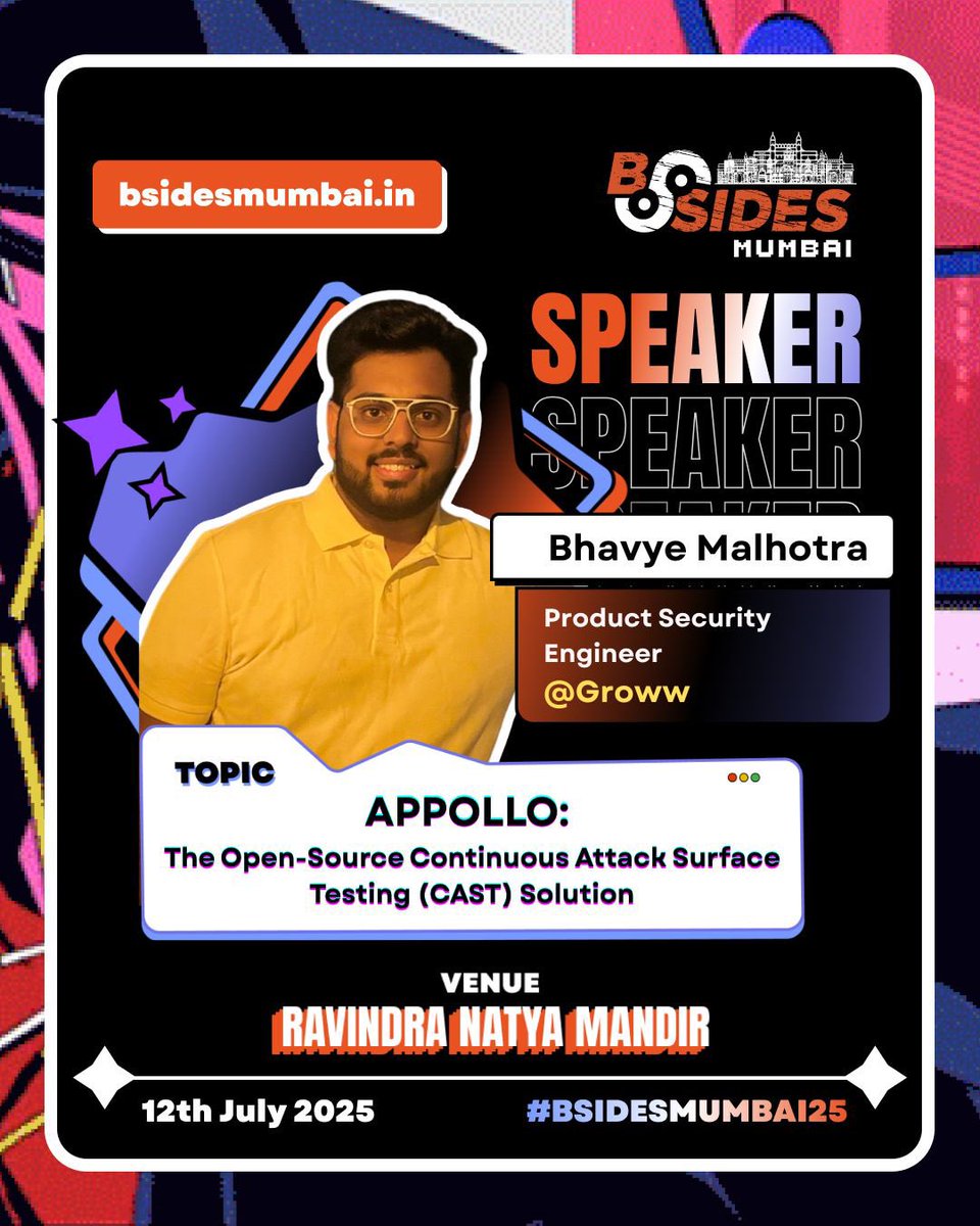 Excited to have <a href="/wh1t3r0se_/">Bhavye Malhotra</a> (<a href="/_groww/">Groww</a> ) at #BSidesMumbai2025 Arsenal Showcase!

He’ll demo Appollo – an open-source CAST tool for asset discovery, CVE detection, SSL validation &amp; vuln mgmt, with Slack &amp; Jira integration.

Register Now - bsidesmumbai.in

#BSidesMumbai2025