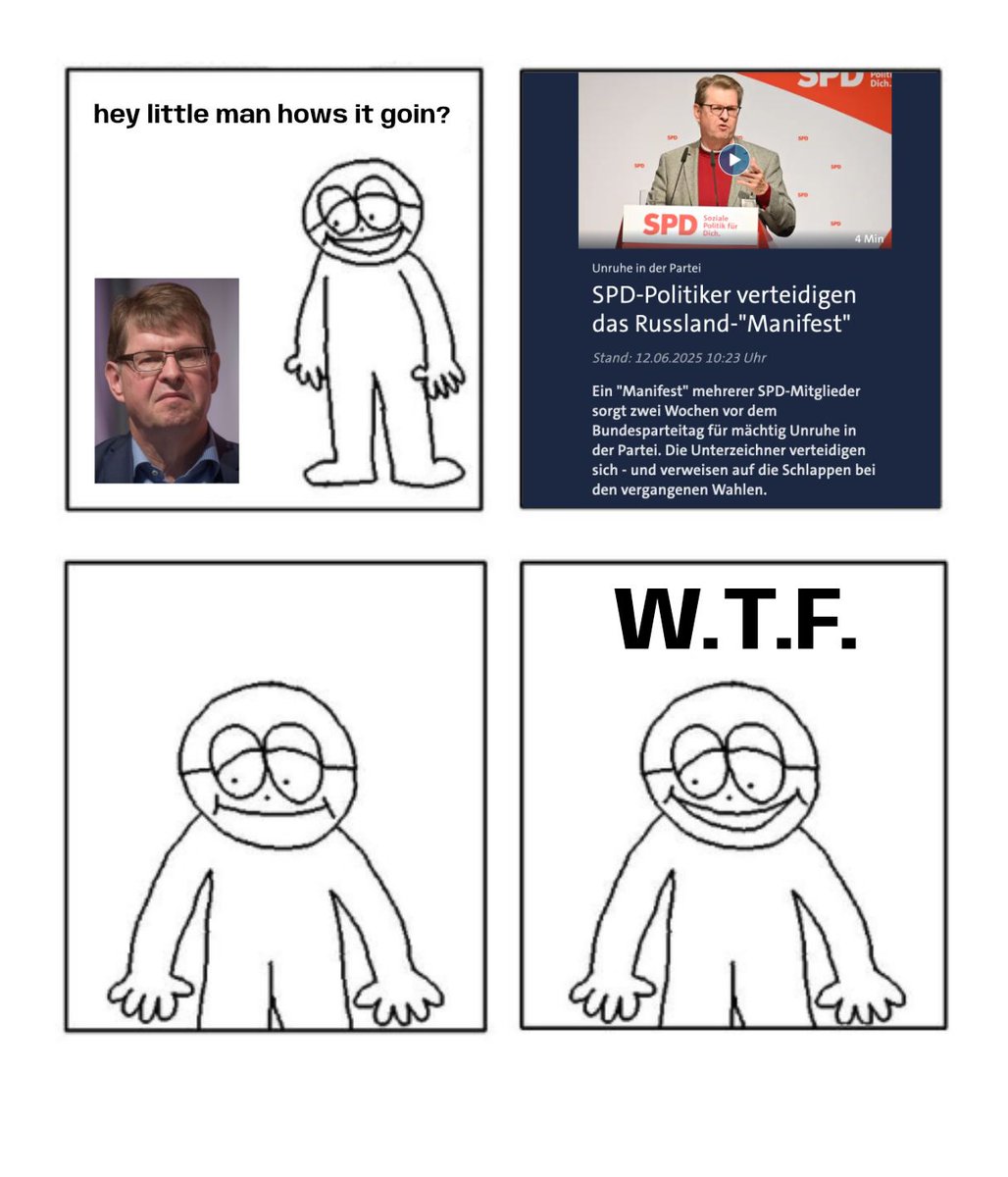 Hey SPD, spürt ihr euch noch? 🤨

Wieder mal stellen SPD-Politiker wie Ralf Stegner ihre Realitätsverweigerung in der Russland-Politik offen zur Schau: Was muss noch passieren, damit alle in der SPD verstehen, dass mit dem Kriegsverbrecher Putin keine Zusammenarbeit möglich ist?!