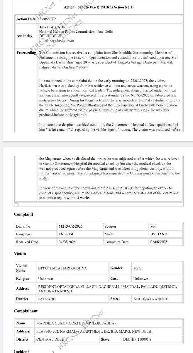 Maddila Gurumoorthy (@gurumysrcp) on Twitter photo In response to the complaint to <a href="/India_NHRC/">NHRC India</a> where U Harikrishna, a social media activist from Tangeda Village, Dachepalli Mandal was illegally detained in the dachepalli PS and subjected to brutal custodial torture, NHRC has registered a case and directed DG to depute an officer In response to the complaint to <a href="/India_NHRC/">NHRC India</a> where U Harikrishna, a social media activist from Tangeda Village, Dachepalli Mandal was illegally detained in the dachepalli PS and subjected to brutal custodial torture, NHRC has registered a case and directed DG to depute an officer