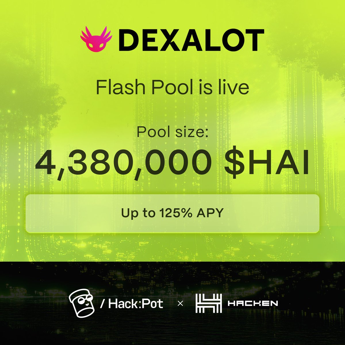 ⚡️It’s live! The <a href="/dexalot/">Dexalot</a> Flash Pool just dropped on Hack:Pot!
 💼 Put your $HAI to work with up to 125% APY
 🔐 Max 15% pool stake per wallet for balance
 💥 Jump in now — hackpot.io