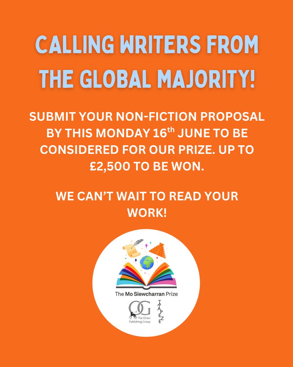 Trapeze Books (@trapezebooks) on Twitter photo YOUR TIME IS NOW! Please submit your non-fiction proposal to our brilliant <a href="/MoPrize/">Mo Siewcharran Prize</a> for the chance to win big 🗣️
For unpublished writers from the global majority writing under the theme Reclaiming History 🧡 don’t be shy! We want to see your work!
thefuturebookshelf.co.uk/landing-page/t… YOUR TIME IS NOW! Please submit your non-fiction proposal to our brilliant <a href="/MoPrize/">Mo Siewcharran Prize</a> for the chance to win big 🗣️
For unpublished writers from the global majority writing under the theme Reclaiming History 🧡 don’t be shy! We want to see your work!
thefuturebookshelf.co.uk/landing-page/t…