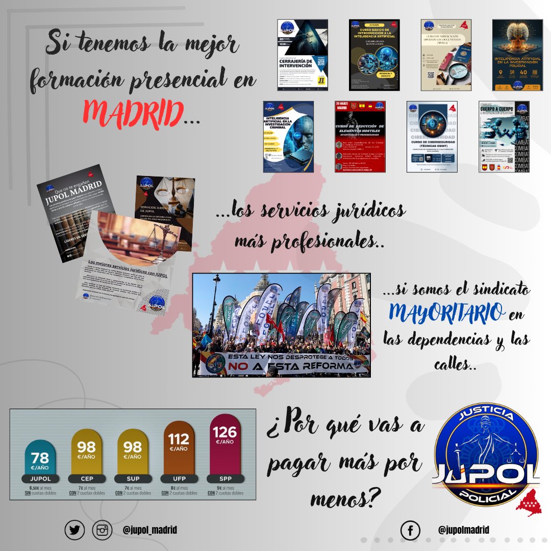 📍Si tenemos la mejor formación presencial en MADRID...

⚖️...los Servicios Jurídicos más profesionales...

📣...y somos el sindicato MAYORITARIO en dependencias y las calles...

💸 ¿Por qué vas a pagar más por menos?

👉 ¡Afíliate a JUPOL por solo 6,5 €/al mes!