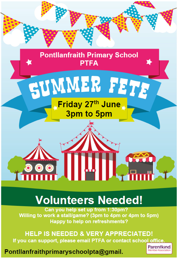 Call for helpers to support the Summer Fete! 🌞🎪🎟️
Can you spare an hour from 1:30pm to set up?
Are you willing to man a stall/game?
Are you willing to help on refreshments? 
Any help is appreciated &amp; needed! 
Please get in touch.
We want this to be a great day!🌈.<a href="/PontPrimary/">PontllanfraithPri</a>