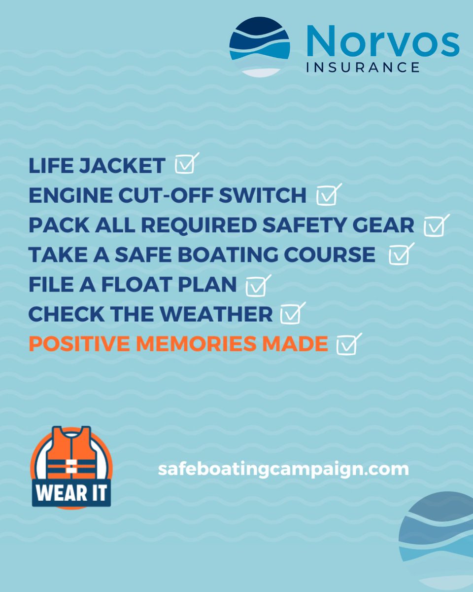 NorvosInsurance's tweet image. ⚓ Weekend boating checklist: ✅ Life jacket ✅ Cut-off switch ✅ Safety gear ✅ Float plan ✅ Weather check ✅ POSITIVE MEMORIES MADE
Safety+proper coverage= perfect weekend!
Contact NORVOS for marine insurance that protects your adventures 🚤
#WeekendBoating #BoatSafety #WearIt