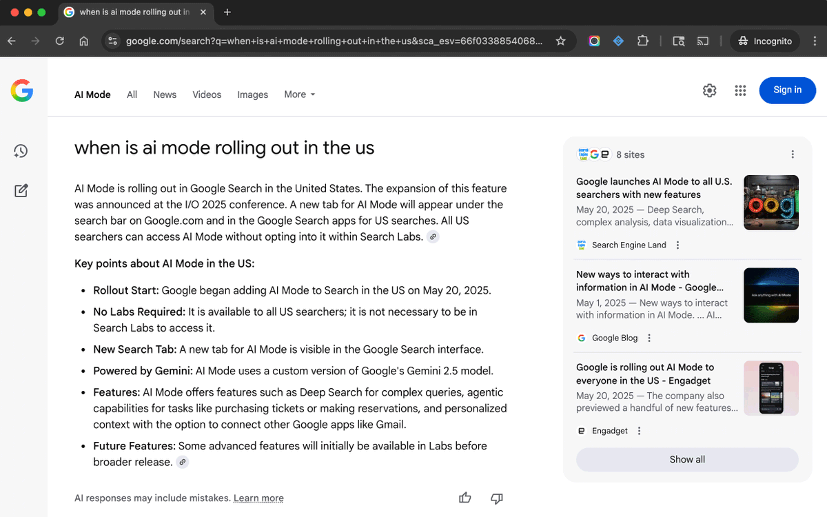 Google AI Mode now rolling out in the US  seroundtable.com/google-rolling…
