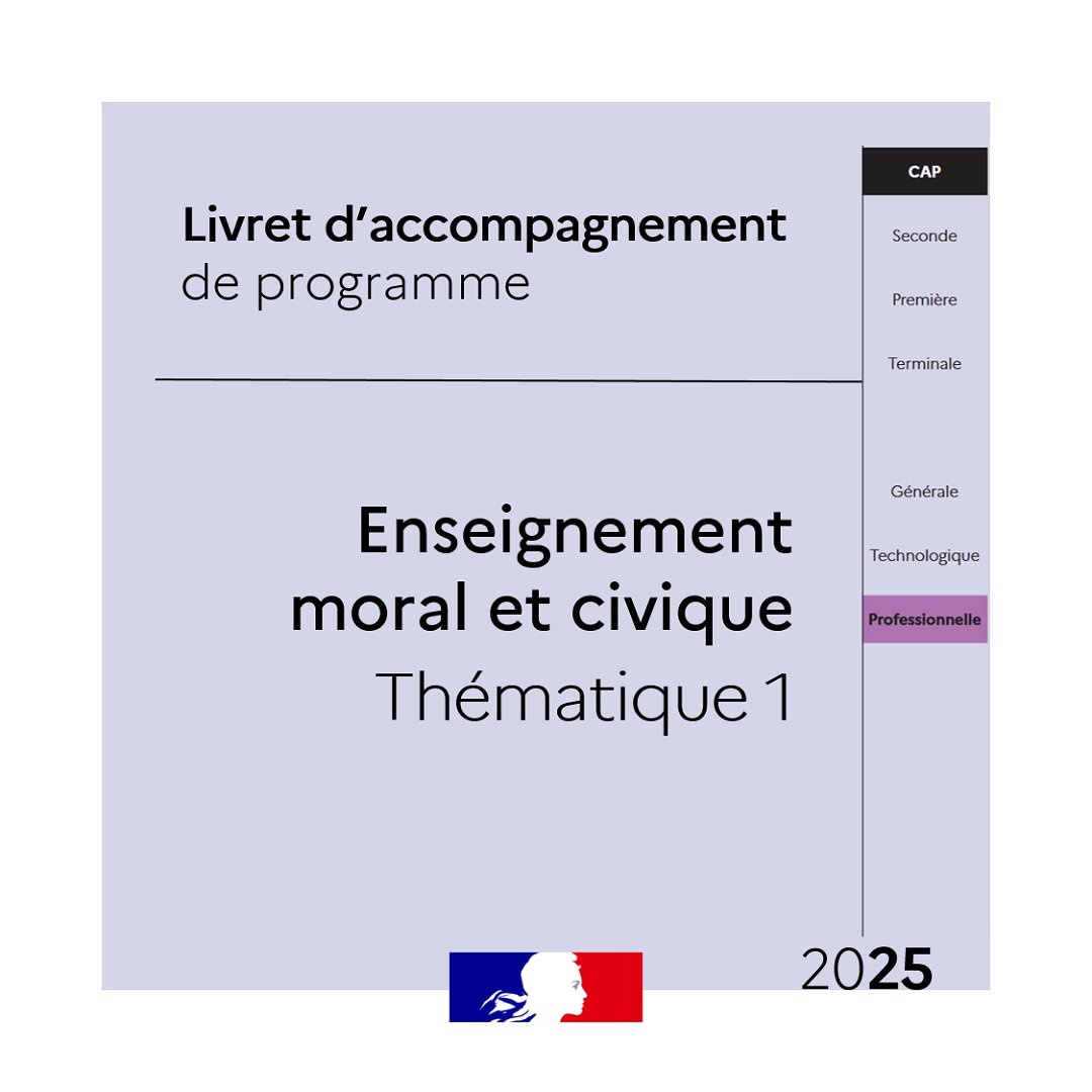 📢 Parution du livret d’accompagnement du programme d'EMC pour la première thématique de CAP : droits, libertés et responsabilité.

Le livret apporte des éclairages scientifiques des concepts en jeu et propose différents exemples de mises en œuvre.

➡ eduscol.education.fr/1761/programme…
