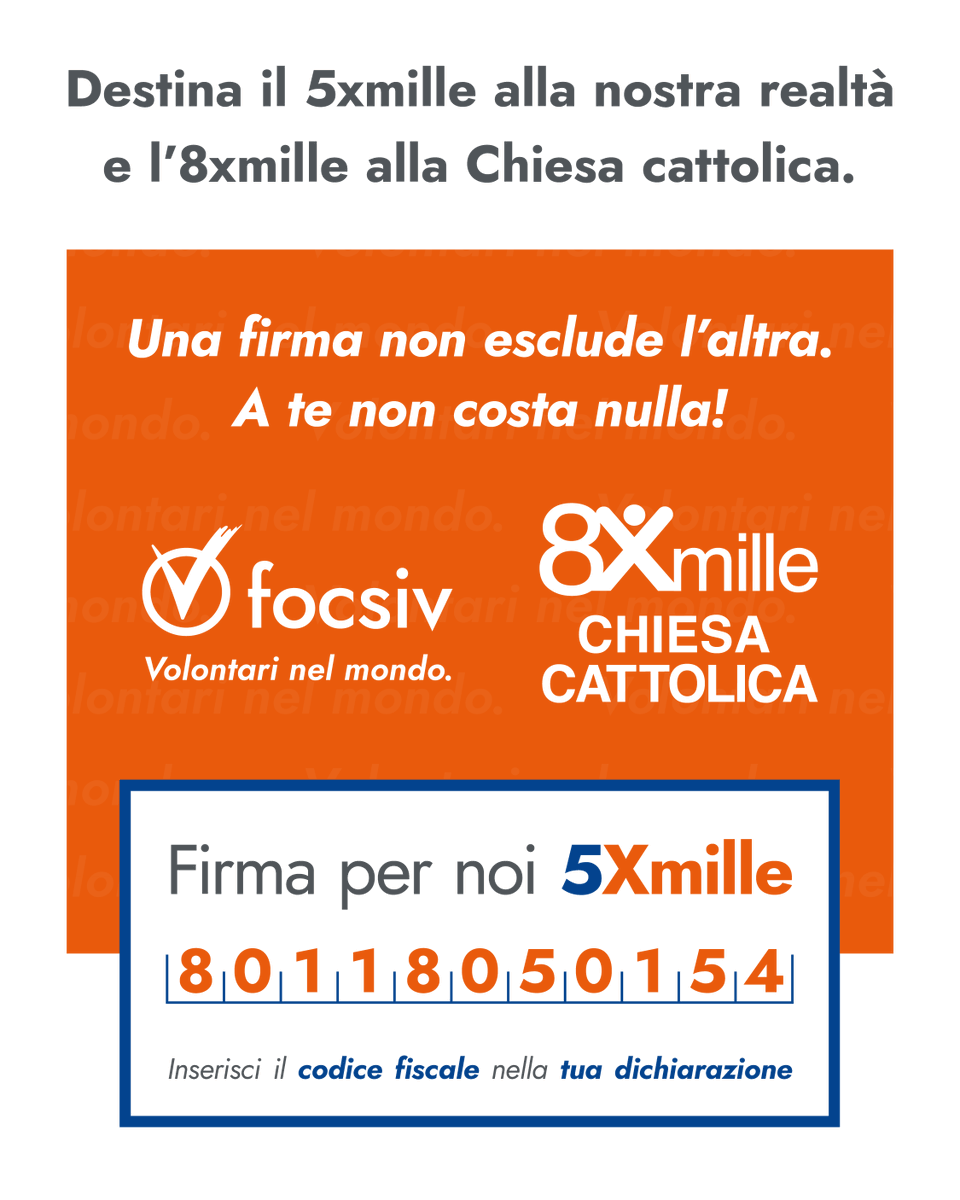 Volontari nel mondo (@focsiv) on Twitter photo Se non hai ancora fatto la dichiarazione dei redditi sei ancora in tempo per dare speranza con un semplice gesto!
Destina il 5x1000 alla nostra realtร  e l'8x1000 alla Chiesa cattolica!
Insieme possiamo far crescere la speranza!
#lapacesicoltiva #coltiviamolapace, #8x1000 Se non hai ancora fatto la dichiarazione dei redditi sei ancora in tempo per dare speranza con un semplice gesto!
Destina il 5x1000 alla nostra realtร  e l'8x1000 alla Chiesa cattolica!
Insieme possiamo far crescere la speranza!
#lapacesicoltiva #coltiviamolapace, #8x1000