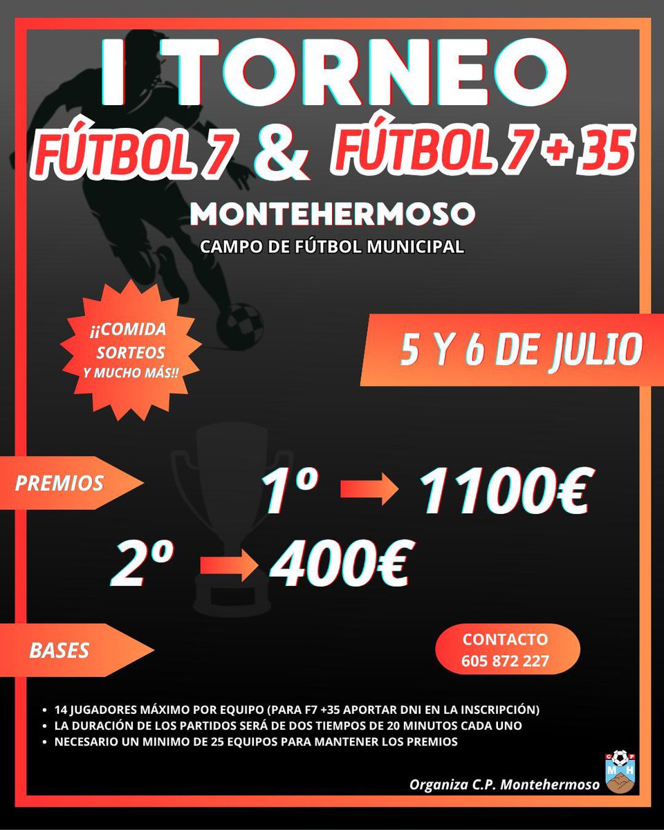 Este año el CP Montehermoso no organizará la míticas 24horas. Y hemos decidido dar un giro para hacer un torneo de fútbol 7 y fútbol 7 +35 en las mismas fechas pero formato distinto. 

Para más información podéis llamar al tlf.605872227