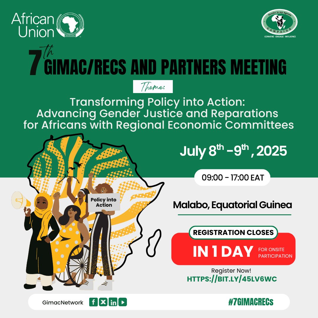⏰ Only 1 day left!  
  
Tomorrow is the deadline to register for onsite participation in the #7GIMACRecs event in Malabo, Equatorial Guinea.  

👉 If you haven't signed up yet, don't wait any longer: bit.ly/45lV6WC  

#7GIMACRecs #GenderJustice #Reparations
