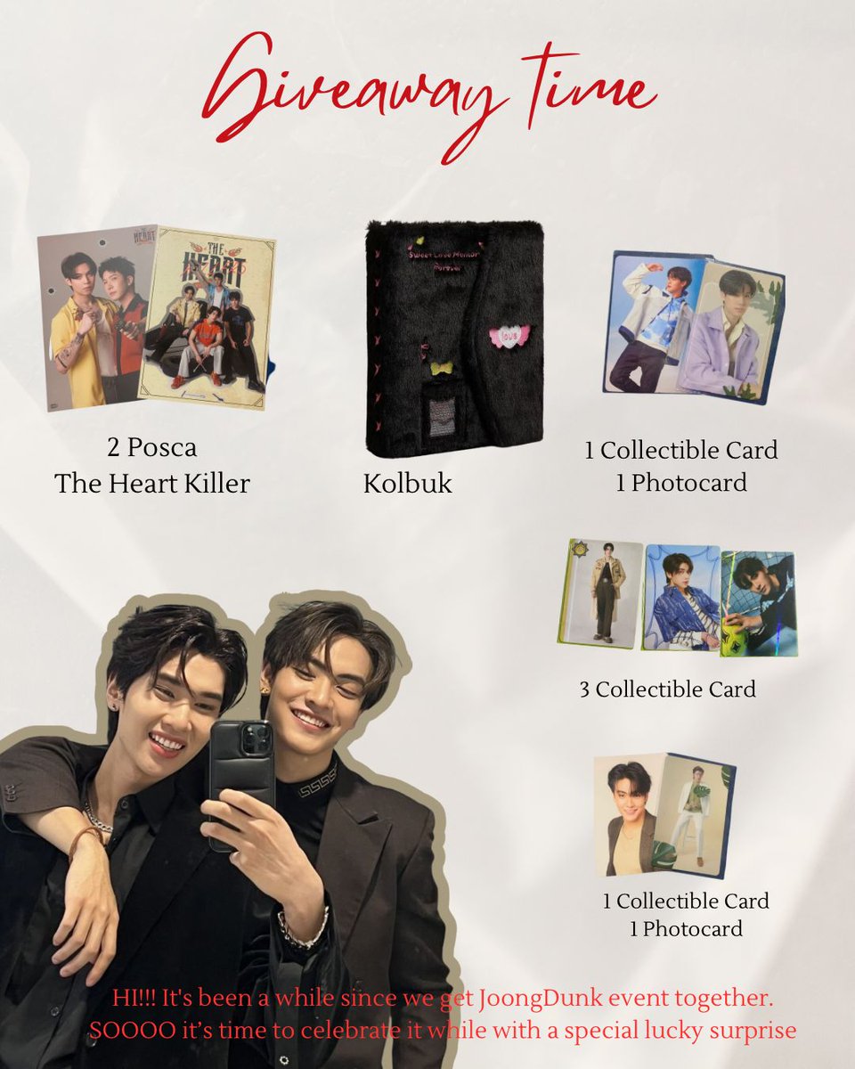 TEAMSUPPORTjoongdunk🇲🇨 (@teamjoongdunk) on Twitter photo 🔥 GIVEAWAY TIME🔥
HI!!! It's been a while since we get JoongDunk event together. SOOOO it’s time to celebrate it while with a special lucky surprise
syaratnya:
- RT&like tweet ini
- follow akun ig dan X <a href="/teamjoongdunk/">TEAMSUPPORTjoongdunk🇲🇨</a> @dunknatachai_ina @joongarchen_ina
- RT yang ada di 🔥 GIVEAWAY TIME🔥
HI!!! It's been a while since we get JoongDunk event together. SOOOO it’s time to celebrate it while with a special lucky surprise
syaratnya:
- RT&like tweet ini
- follow akun ig dan X <a href="/teamjoongdunk/">TEAMSUPPORTjoongdunk🇲🇨</a> @dunknatachai_ina @joongarchen_ina
- RT yang ada di