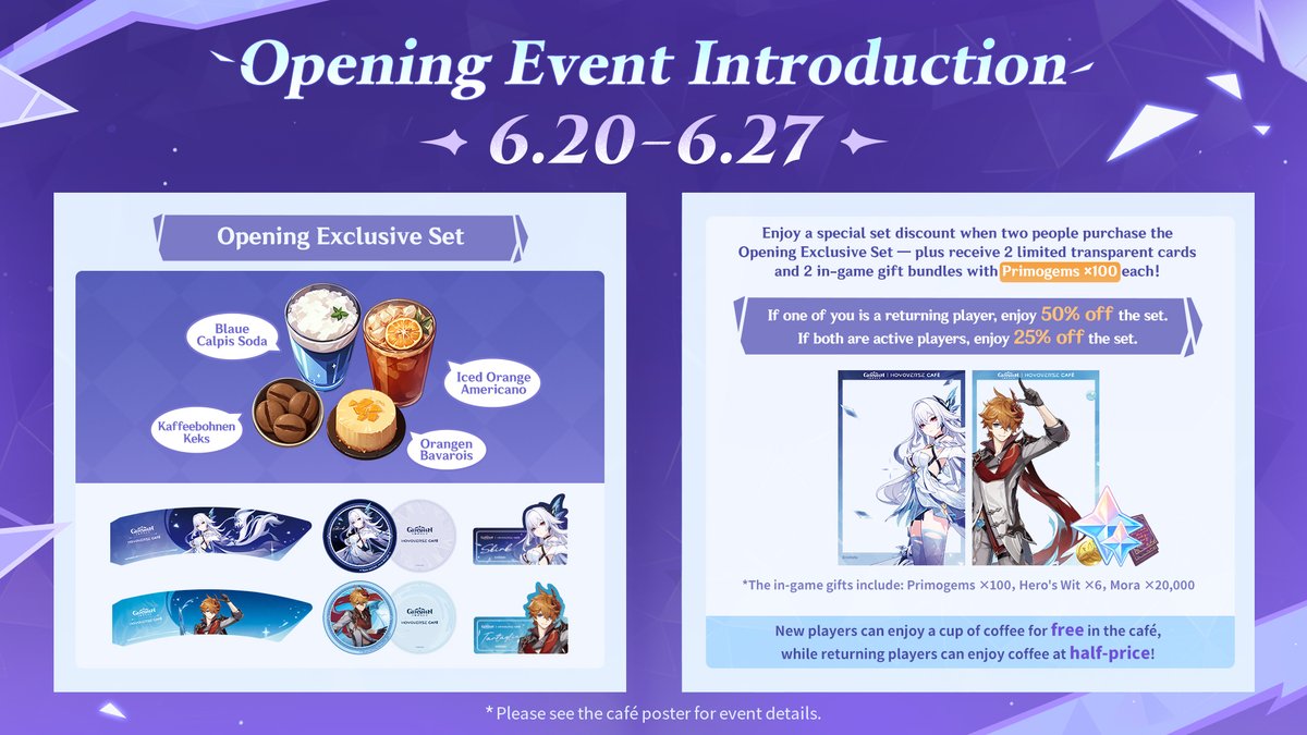 GenshinImpact's tweet photo. #HoYoverseCafe #GenshinHoYoverseCafe
HoYoverse Cafe is opening soon! To celebrate, Genshin Impact is launching a special event "To Coffee and Companions" starting June 20!

To pre-register for the event, please go to https://t.co/IEst5x3rus

Repost to enter a giveaway! Five lucky players will win an exclusive Genshin Impact × HoYoverse Cafe Grand Opening Exclusive Set Meal gift set!
*Giveaway ends June 27.
*Delivery is only possible to mailing addresses in Europe.

Shared spoons, bound by brew! Enjoy your coffee break with your Genshin Impact companions. We look forward to seeing you at the HoYoverse Café!
For more event details, please check out the @hoyoverse_cafe (X and Instagram) & @genshinimpactde (X) accounts.