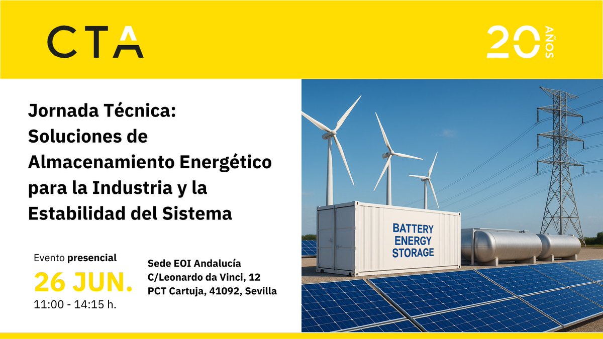🔋 ¿Te interesa el papel del almacenamiento energético en la transición hacia un sistema eléctrico más estable y descarbonizado?

El próximo 26 de junio, te esperamos en Sevilla para la Jornada Técnica: Soluciones de Almacenamiento Energético para la Industria y la Estabilidad