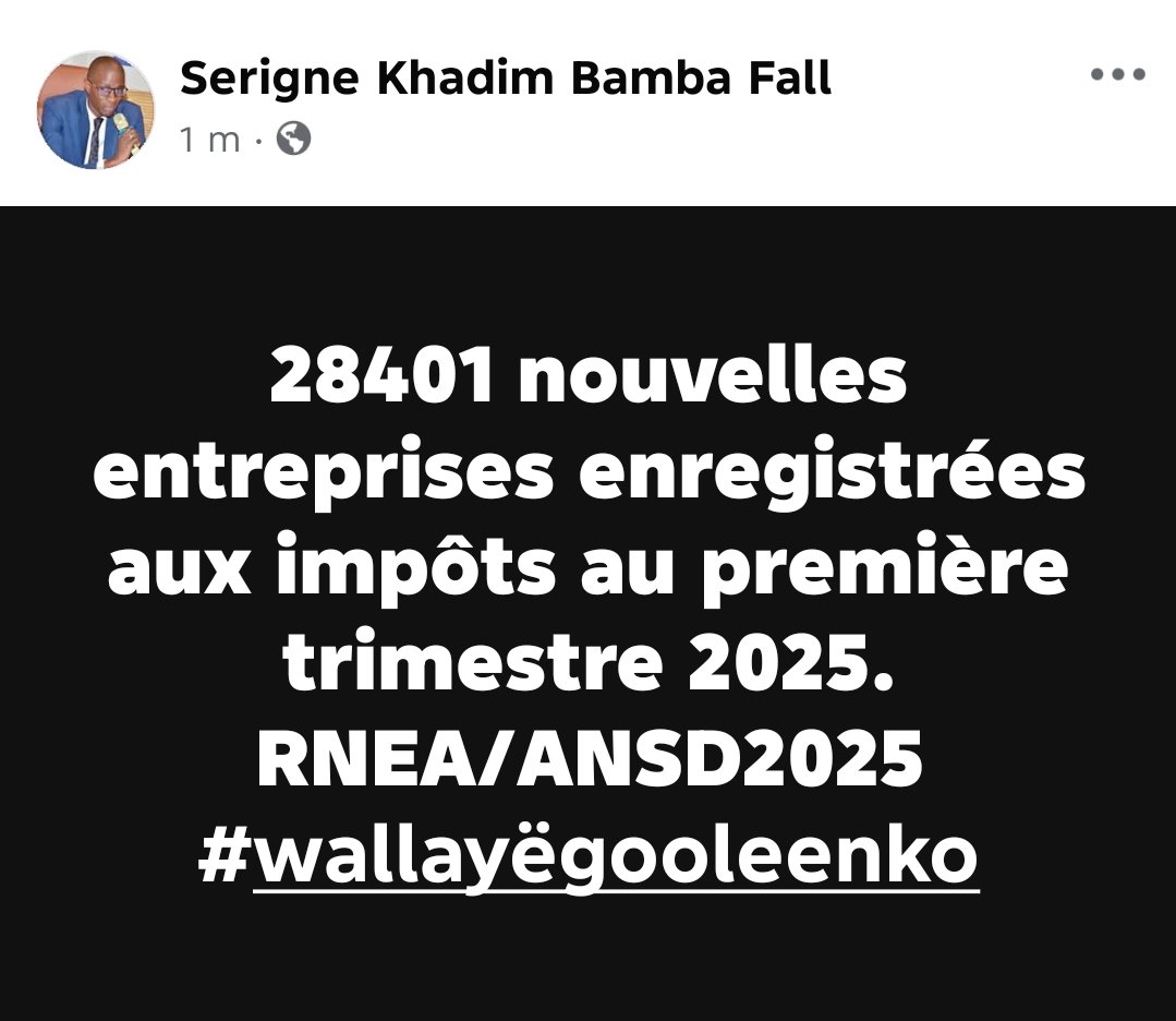 28401 nouvelles entreprises enregistrées aux impôts au première trimestre de l'année 2025.
RNEA/ANSD2025
#wallayëgooleenko