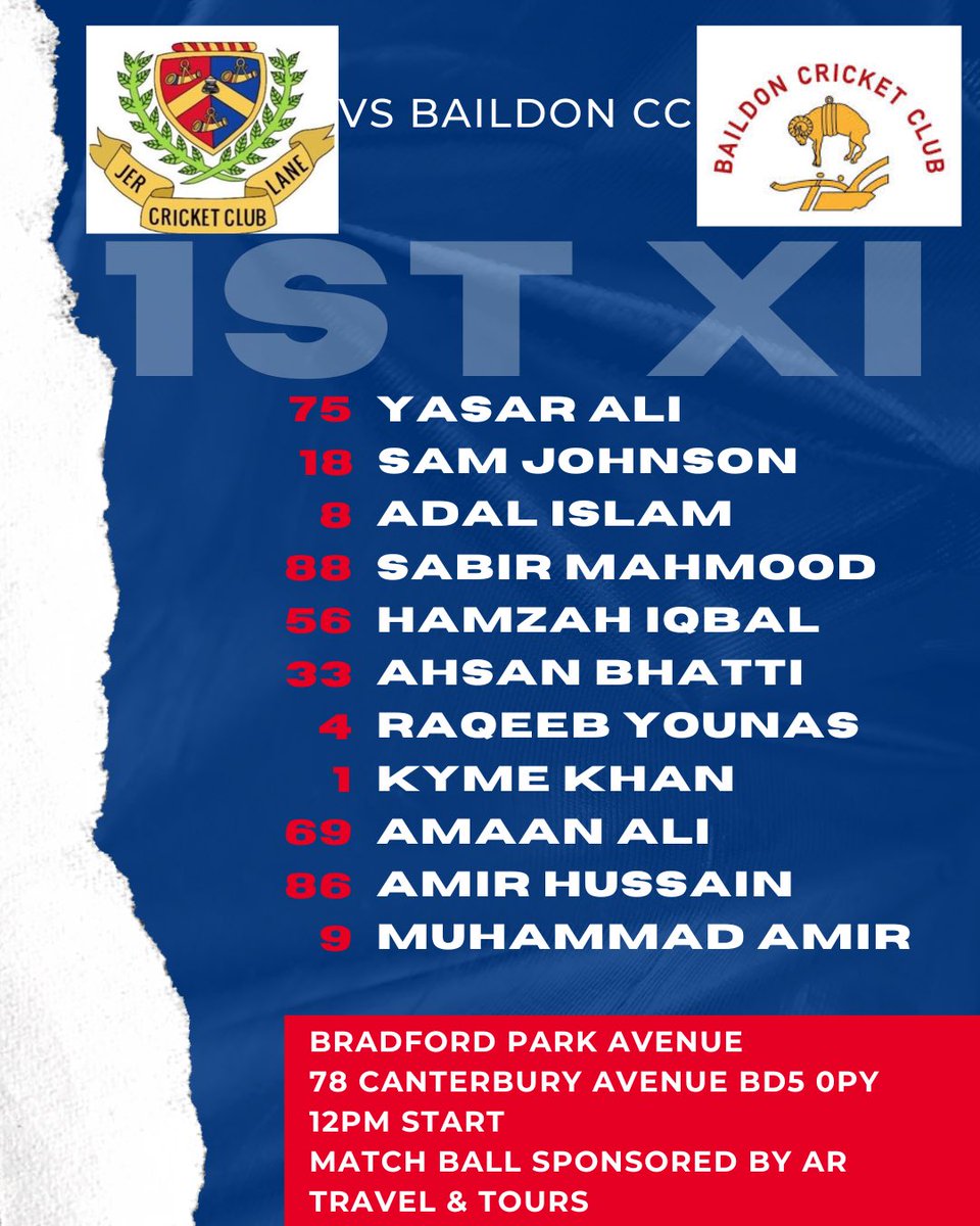 The 1st XI will be looking to get back to winning ways following a disappointing defeat at PSL last week. 

Yasars men will be looking to bounce back positively against promoted side Baildon CC. 

Match ball is proudly sponsored by AR travels.