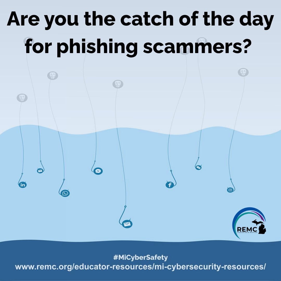 Don’t get hooked by phishing scams! REMC's FREE Cybersecurity Resources help educators, students &amp; staff recognize red flags, avoid scams &amp; stay safe online. Protect your info with quick tips, videos &amp; lessons. Start here: bit.ly/remccybersecur…