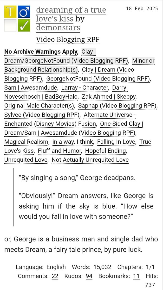 dreaming of a true love's kiss

⇢rated Teen And Up Audiences 

AU - Enchanted | Magical Realism | Falling In Love | True Love's Kiss | Fluff and Humor | Hopeful Ending | Not Actuall Unrequited Love 

⇢15.000 Words
⇢1/1 Chapters

⇢archiveofourown.org/works/62616358