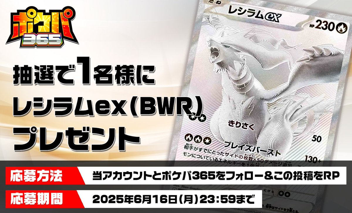 🎁プレゼントキャンペーン第2弾🎁

最新弾ホワイトフレアに収録されている
「レシラムex BWR」を1名様にプレゼント✨

フォローとリツイートで
応募完了✅

最高にカッコイイ純白のレシラムを手に入れよう🔥

✅応募方法 
・ポケパ365プレゼント企画（<a href="/pokepa365_PU/">ポケパ365＠プレゼント企画</a>）をフォロー