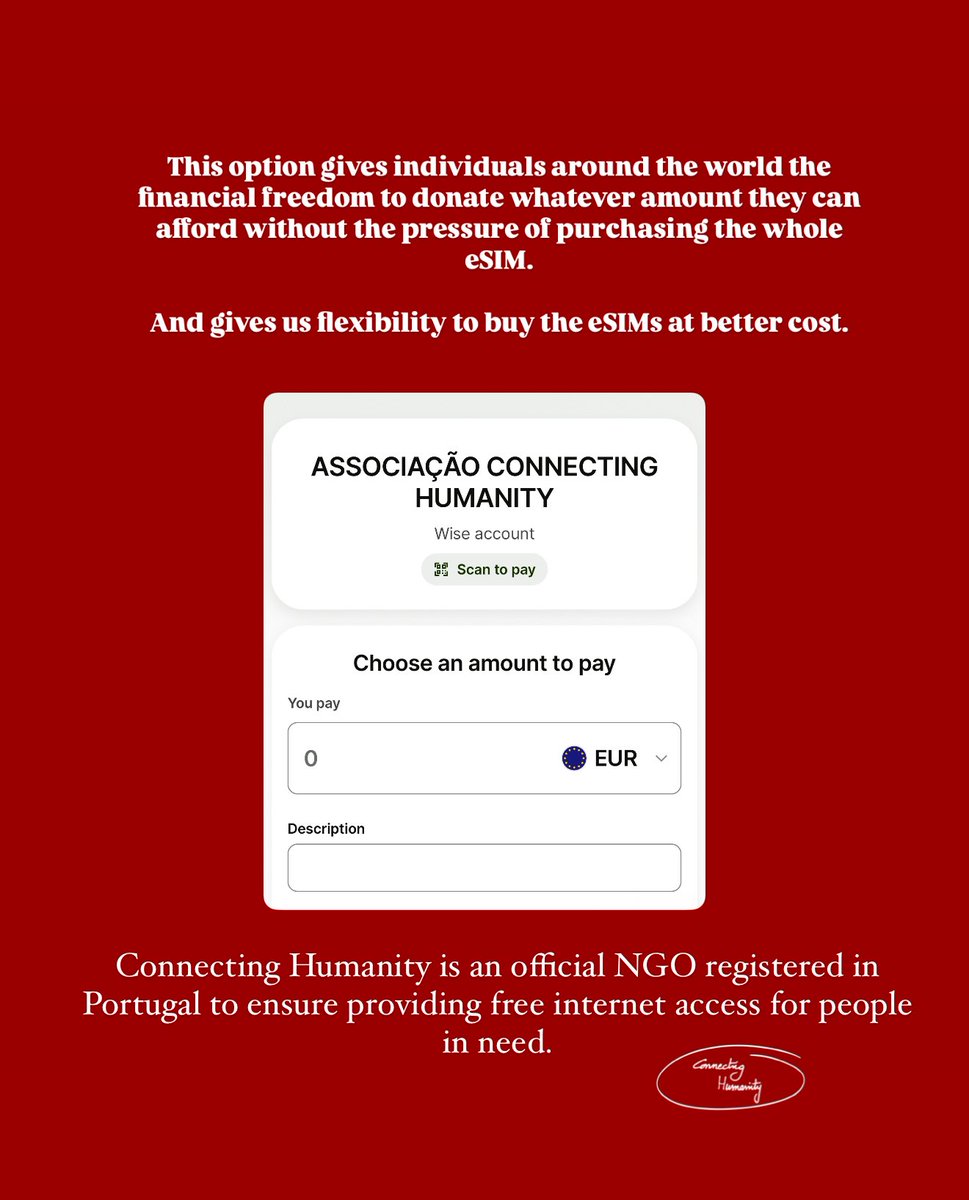 NEW DONATION OPTION UNLOCKED.

Connecting Humanity Association is an official NGO registered in Portugal to ensure providing free internet access for people in need. #ConnectingGaza