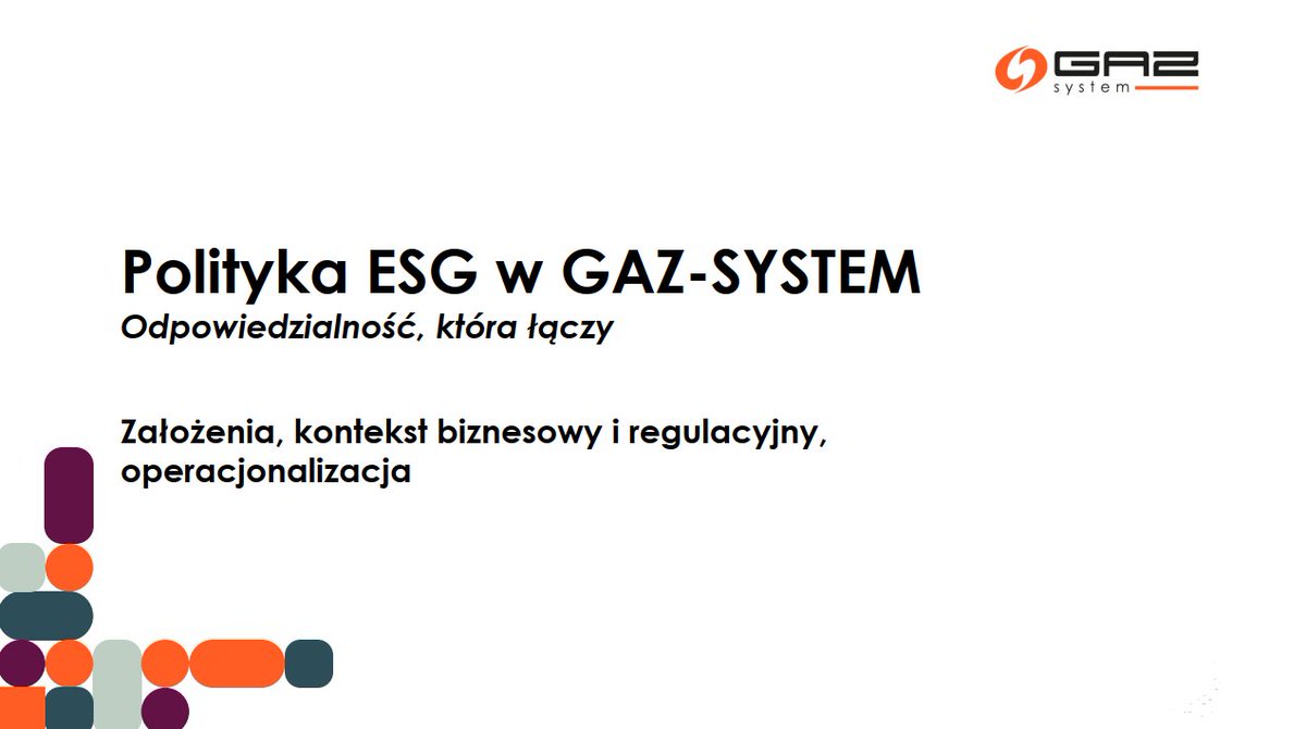 Polityka ESG w GAZ-SYSTEM wspiera odpowiedzialny rozwój spółki

#GAZSYSTEM realizuje Politykę #ESG, która jest zintegrowana z aktualną strategią spółki i zawiera plan działań w obszarach: transformacji energetycznej, regionalnego rynku gazu, bezpieczeństwa energetycznego,