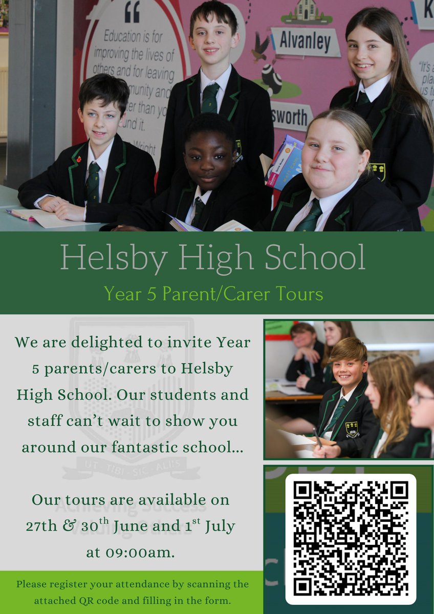 We are delighted to welcome Y5 parents/carers to our school. Our tours will be running across three days, 27th &amp; 30th June and 1st July 2025, starting at 9am. To book your tour, scan the QR code on the flyer attached, or use the following link: forms.office.com/e/TLkywwZN1b