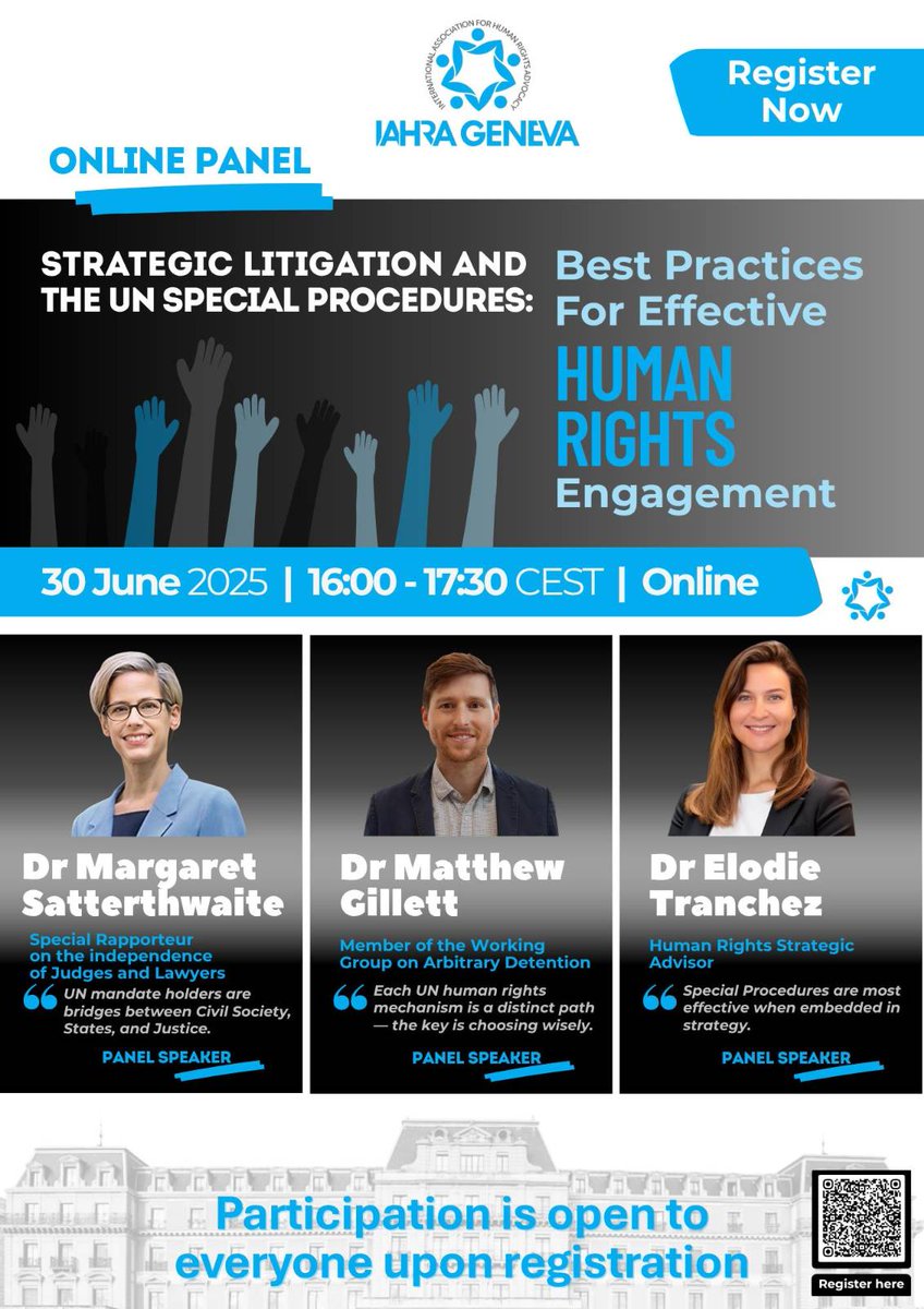 iahrageneva's tweet image. 🚨 Registration Now Open!
🔗 Register via: iahrageneva.com/online-panel-b…
Join us for this online panel exploring how civil society can strategically engage with the UN Special Procedures system to enhance international accountability and human rights litigation.
📌 Strategic…