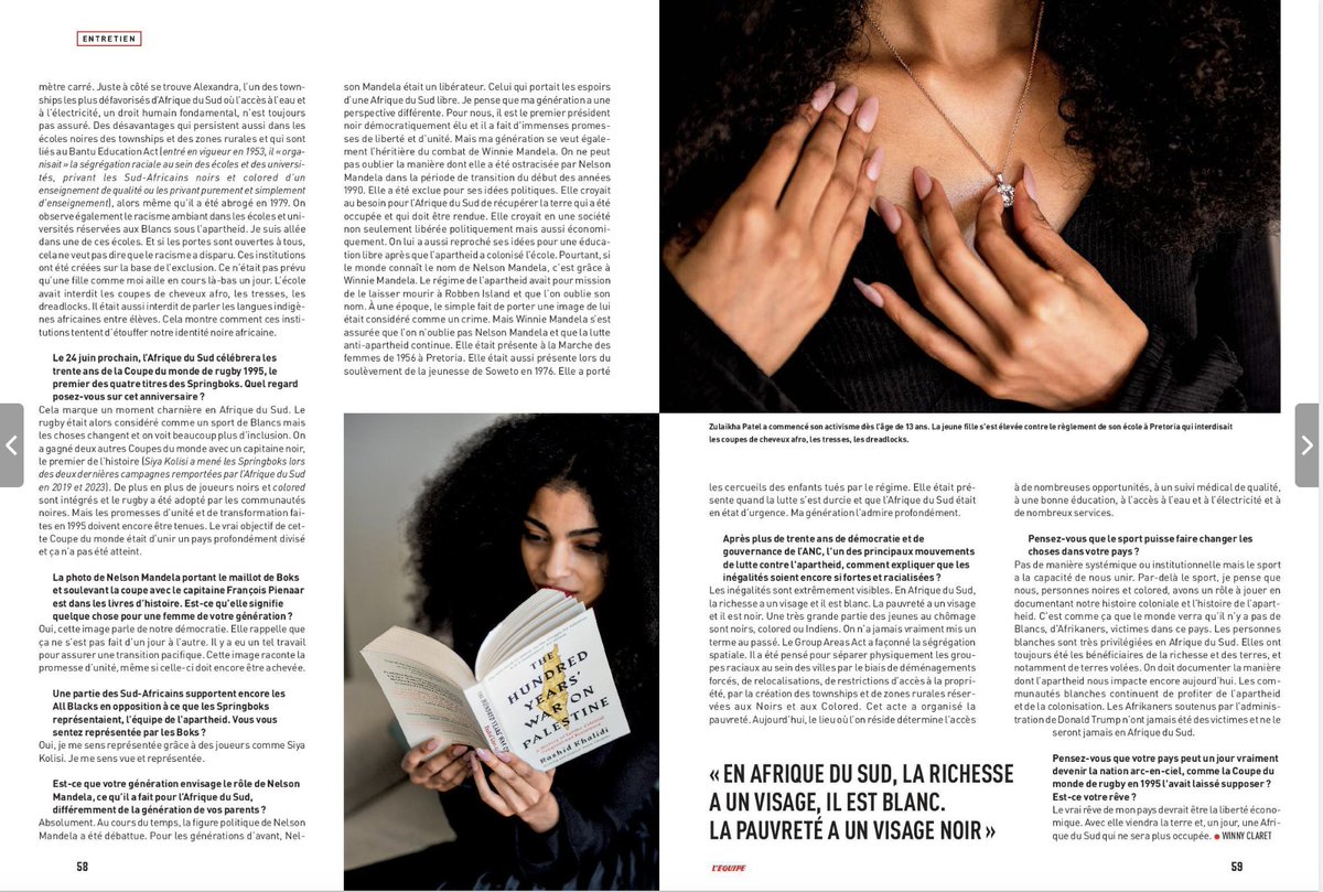 30 ans après la Coupe du monde 1995 🏉 et la promesse d'une Afrique du Sud plus juste, le rugby a changé mais la société sud-africaine n'a pas vraiment suivi. Entretien éclairant avec Zulaikha Patel et le coup d'oeil du talentueux <a href="/Shen_Scott/">Community. Communication. Compassion.🍉</a> 📸 pour <a href="/lemaglequipe/">Le magazine L'Équipe</a>