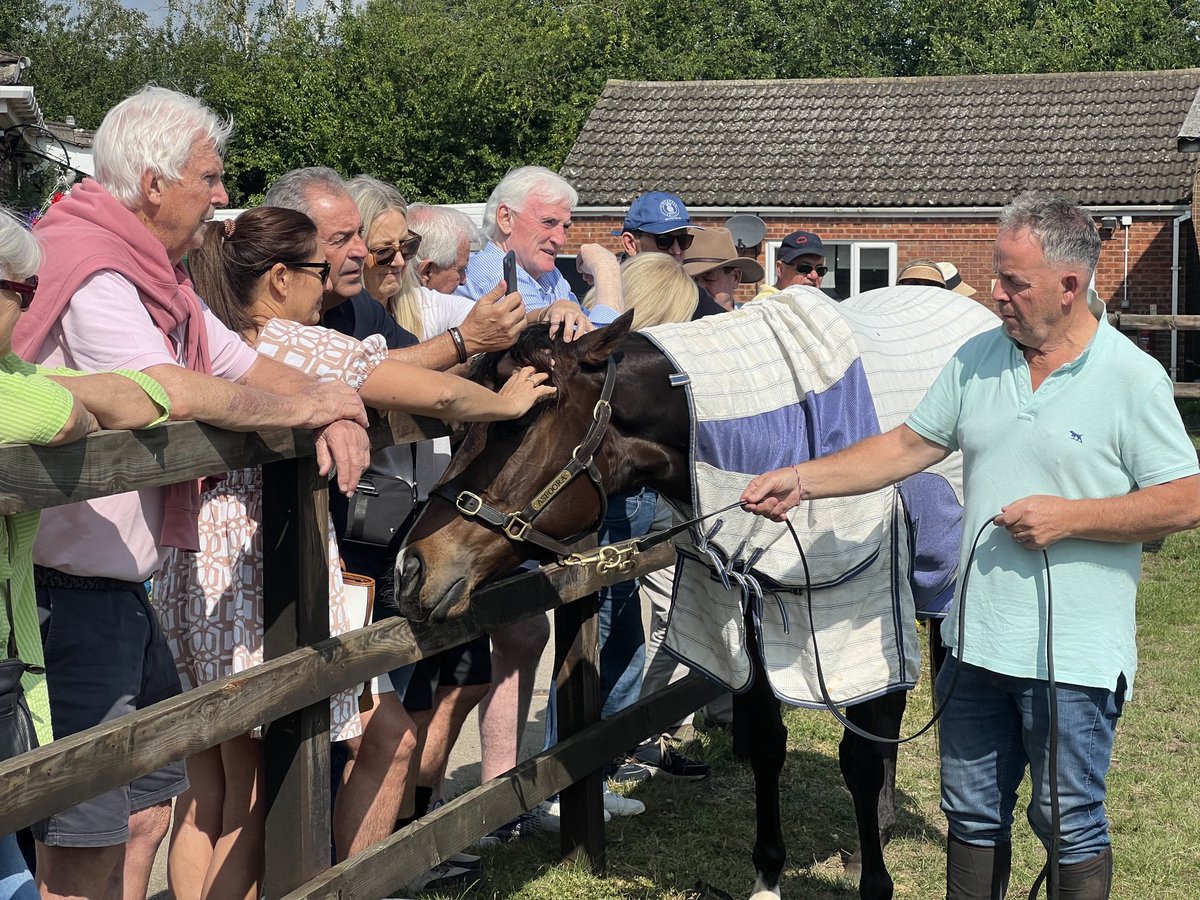 Up close and personal with our tour group today with our girl Asfoora in Newmarket UK  this morning. Thanks to Henry Dwyer and Simon Morrish #RoyalAscot2025