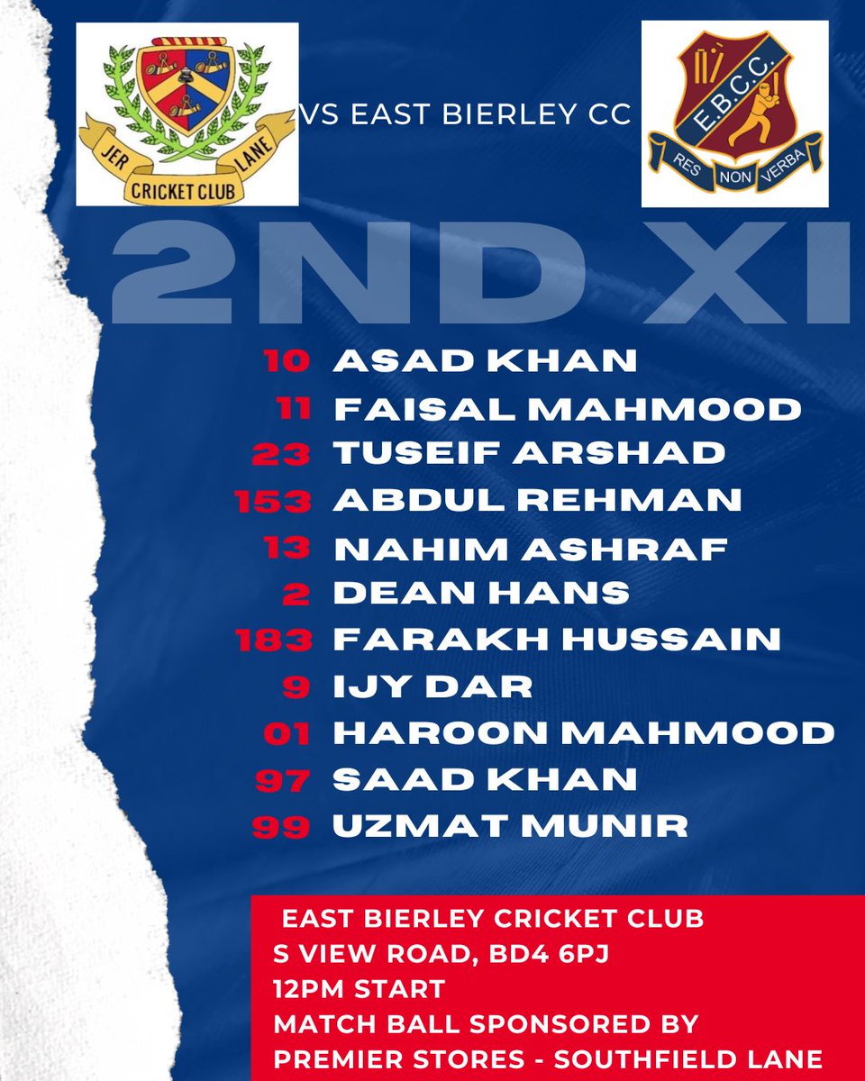 The 2nd XI will travel to East Bierley after a week-off due to Eid. 

Experience in Nahim Ashraf is welcomed into the side and a long-awaited return to the Bradford League after 8 years, in the experienced MCC boy, Tuseif Arshad will mark his debut for the club.