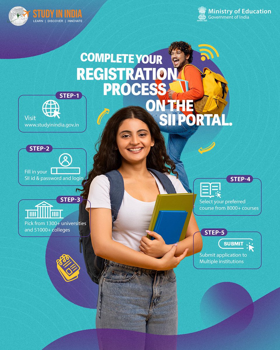 StudyInIndiaGov's tweet photo. Registered to Study in India? Here’s what’s next!
From exploring 8,000+ courses to applying in just a few clicks, start applying today and shape your future in India!
Visit - https://t.co/pX1kogiZqI

#SayYESToStudyInIndia #StudyinIndia #Studyabroad #Indiaeducation #Students https://t.co/H4eJaqc6JS