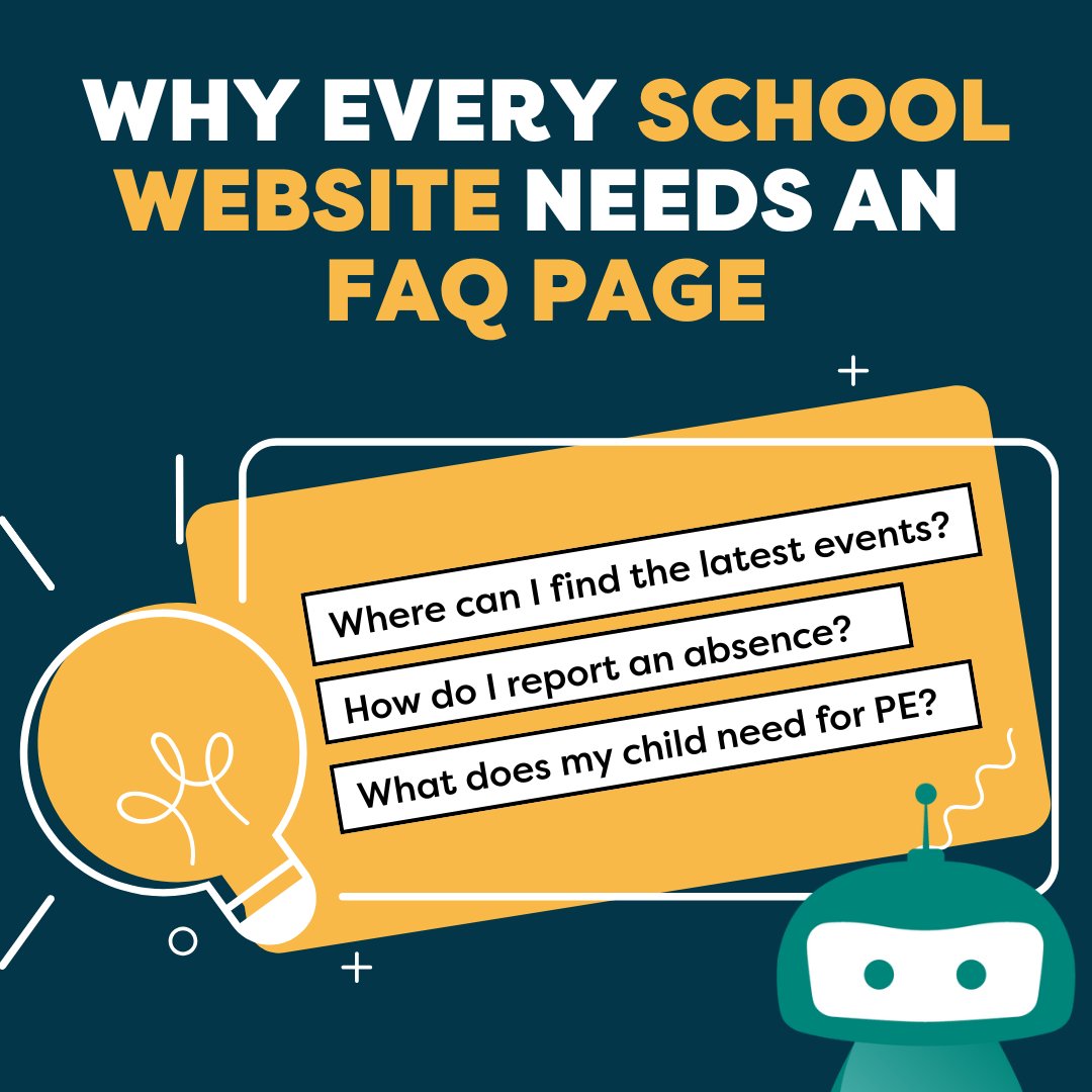 FAQ pages aren’t just for new parents.

They ease the daily calls to the school office.
Add answers to:
⏰ School timings
 🥪Lunches
❌ Absences
👚 Uniform
🗣️How to stay updated

Take a look at our Blog to find out why...tinyurl.com/2nhhatxp

#iTCHYROBOT #SchoolWebsite