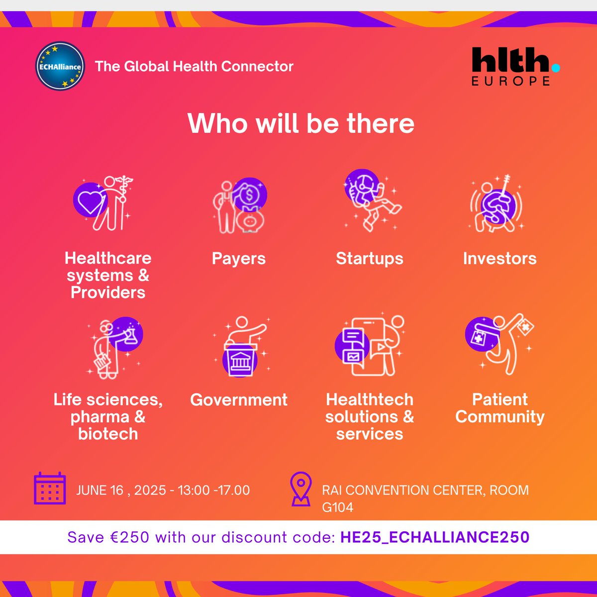 🚨 Only 3 days to go until <a href="/HLTHEVENT/">HLTH</a> Europe in Amsterdam! 🇳🇱✨

 On Monday 16 June 2025, ECHAlliance returns to Amsterdam with a 3hrs Partner Programme at RAI Convention Centre – Room G104

Exclusive code 👉 HE25_ECHALLIANCE250 👈 to save €250

 🌐 Info: echalliance.com/events-health-…