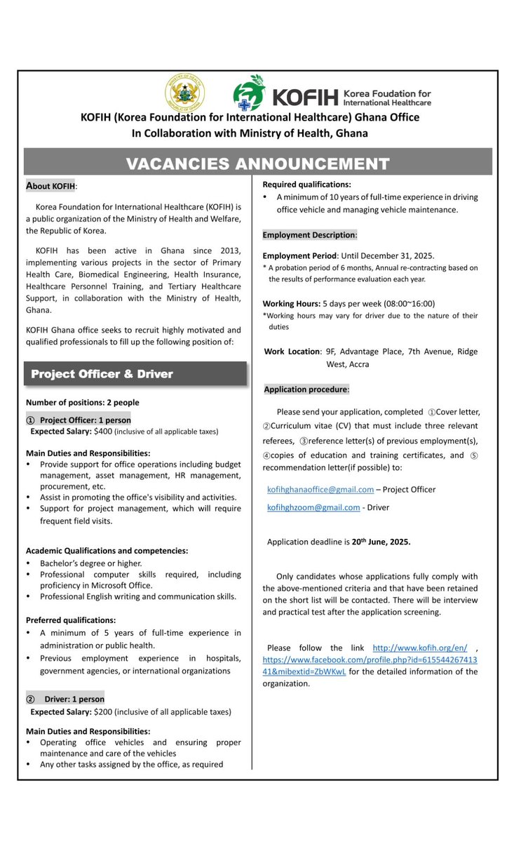 Join #KOFIH as a PROJECT OFFICER or DRIVER &amp; contribute to impactful healthcare initiatives for the people of 🇬🇭.

Interested candidates are requested to submit their documents via email.

Deadline: June 20, 2025.  
#hiring #jobopportunity #Jobs