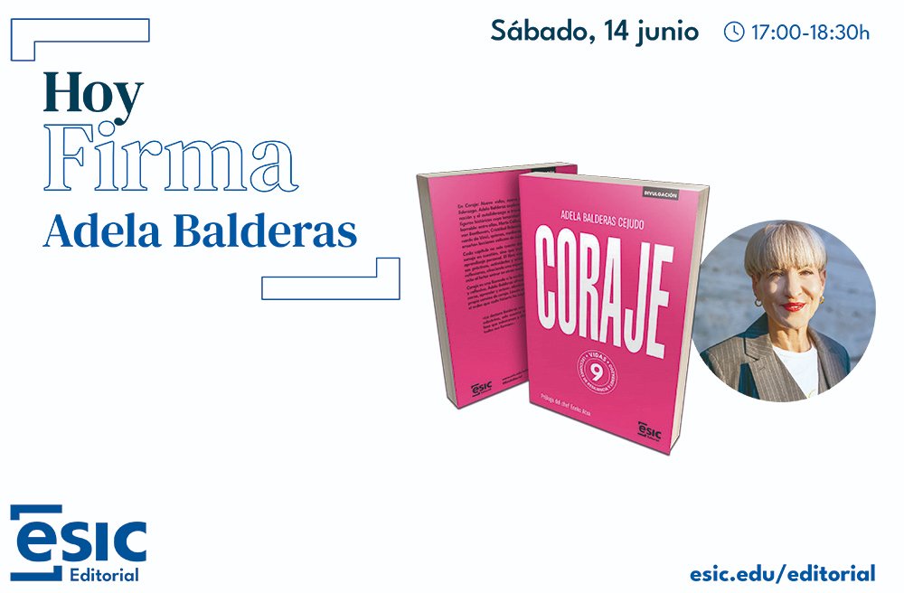 ESIC Editorial (@esiceditorial) on Twitter photo "FERIA DEL LIBRO"
#Firmas, caseta 245
#Hoy #Sábado 14/06
⌚️17:00-18:30
<a href="/adelabalderas/">Dr.Adela Balderas,PhD.</a>
✍️"CORAJE" Nueve vidas, nueve lecciones de resiliencia y liderazgo.
📖esic.edu/editorial/cora…
#FLMadrid25 #NuevaYork #Libros #NuevaYorkIluminaLaFeria #Resiliencia #Aprendizaje "FERIA DEL LIBRO"
#Firmas, caseta 245
#Hoy #Sábado 14/06
⌚️17:00-18:30
<a href="/adelabalderas/">Dr.Adela Balderas,PhD.</a>
✍️"CORAJE" Nueve vidas, nueve lecciones de resiliencia y liderazgo.
📖esic.edu/editorial/cora…
#FLMadrid25 #NuevaYork #Libros #NuevaYorkIluminaLaFeria #Resiliencia #Aprendizaje