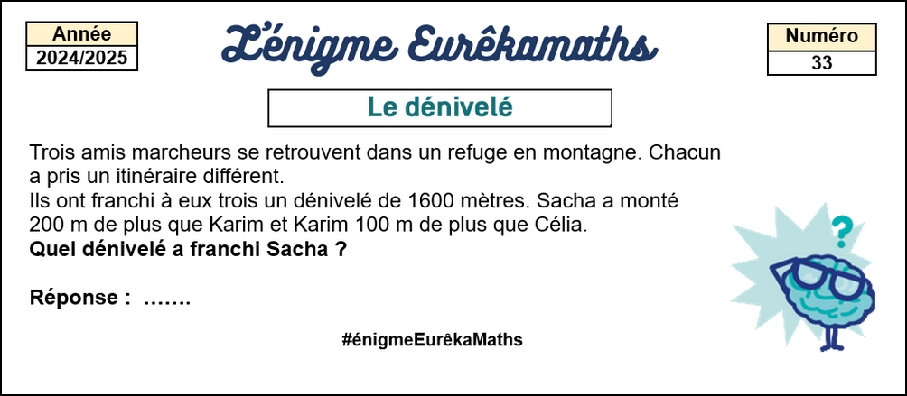 DefiEurekaMaths's tweet photo. Chaque lundi, l'#énigme #EurêkaMaths revient pour les élèves de #CM et de #6e.
Aujourd'hui, l'#énigme n°33 : le dénivelé.
Avec @DefiEurekaMaths, on s'entraide et on réussit.
Participez vite à la finale 2025, inscriptions sur https://t.co/w9X6ZuE1rQ !
@eduscol_prim @aefeinfo https://t.co/3mj4pfuvBc