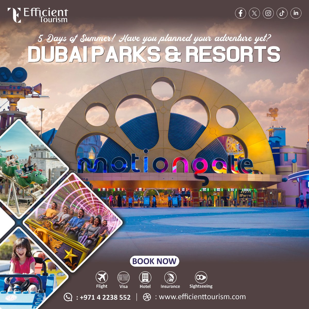 🎢 Ready, set, thrill! Explore Dubai Parks and Resorts with friends &amp; family — 4 theme parks, 1 epic destination! 
🌐: efficienttourism.com
📞: +971 4226 9486
📧: info@efficienttourism.com