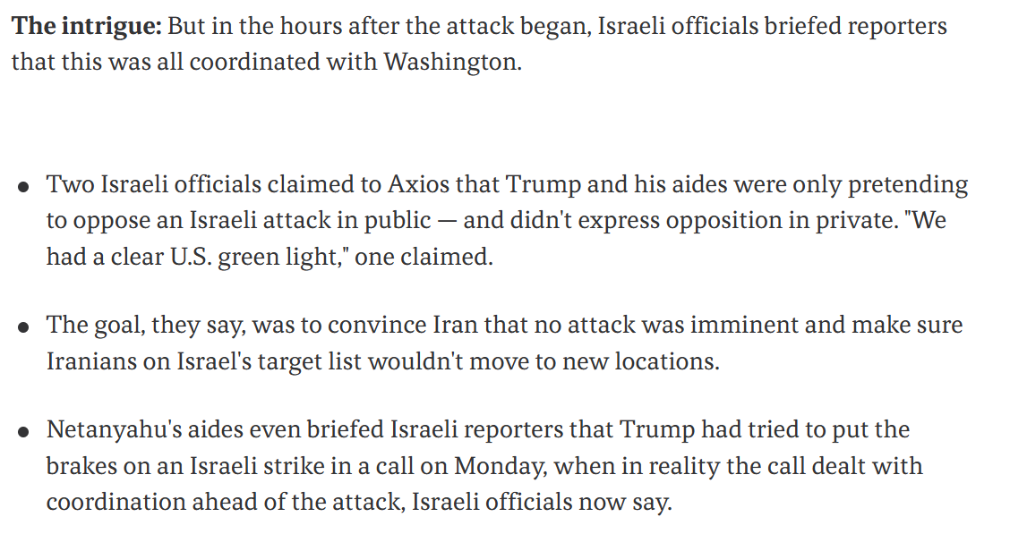 TheWillPorter's tweet image. Two anon Israeli officials tell Axios that Tel Aviv "had a clear US green light" to bomb Iran.

Earlier reports in Israeli media said Trump admin helped "lull" Tehran into believing there'd be no immediate strikes.

axios.com/2025/06/13/how…