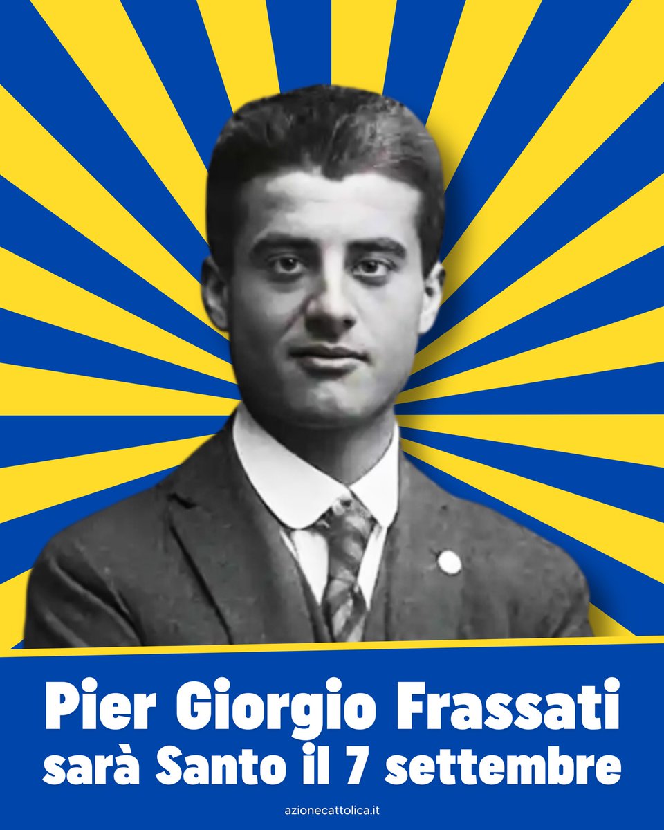 Azione Cattolica (@ac1868) on Twitter photo Una notizia che l’Ac attendeva con trepidazione!
<a href="/Pontifex_it/">Papa Leone XIV</a> ha decretato che il beato Frassati, insieme a Carlo Acutis, saranno canonizzati domenica 7 settembre.
Gioia e commossa gratitudine al Santo Padre per un evento che l’associazione vivrà nella preghiera e nella festa! Una notizia che l’Ac attendeva con trepidazione!
<a href="/Pontifex_it/">Papa Leone XIV</a> ha decretato che il beato Frassati, insieme a Carlo Acutis, saranno canonizzati domenica 7 settembre.
Gioia e commossa gratitudine al Santo Padre per un evento che l’associazione vivrà nella preghiera e nella festa!