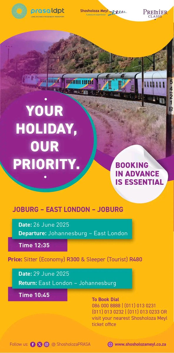 Shosholoza Meyl PRASA (@shosholozaprasa) on Twitter photo Ready to travel this month-end? Book your train tickets now and enjoy affordable travel with our train tickets discount! 😉 <a href="/SATravelTrade/">SA Travel Trade</a> <a href="/GautengTourism/">Gauteng Tourism Authority</a> <a href="/ShotLeft/">Sho't Left</a> #TravelAffordable #savewithshosholoza Ready to travel this month-end? Book your train tickets now and enjoy affordable travel with our train tickets discount! 😉 <a href="/SATravelTrade/">SA Travel Trade</a> <a href="/GautengTourism/">Gauteng Tourism Authority</a> <a href="/ShotLeft/">Sho't Left</a> #TravelAffordable #savewithshosholoza