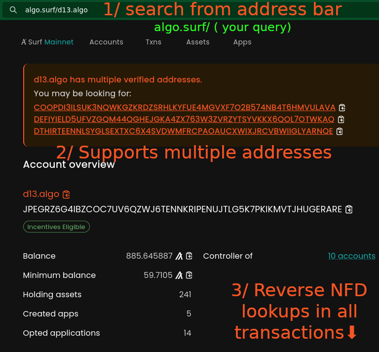Algo_Surf's tweet image. New ✨Verified assets now have a Pera Verified badge
New ✨Full NFD Support
Search, see all verified addresses, and see NFDs on all transactions & account fields. Search-from-URL bar is also supported 🪄
The lazy man's explorer is slowly becoming usable