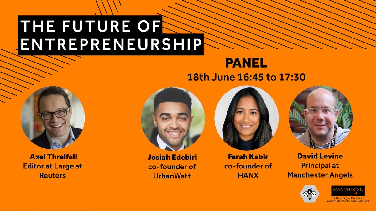 🎙️ Entrepreneurs@Manchester Panel
🗓️ Wed 18 June | ⏰ 16:45–17:3 | AMBS
Moderated by <a href="/axelthrelfall/">Axel Threlfall</a>  (<a href="/Reuters/">Reuters</a> ), hear from:
✨ Farah Kabir (<a href="/hanxofficial/">Hanx</a> )
⚡ <a href="/JosiahEdebiri/">Josiah Edebiri</a>  (UrbanWatt)
💼 David Levine (MCR Angels)
🎟️ entrepreneurship.manchester.ac.uk/events/future-…

#FestivalOfBusiness #MECManchester