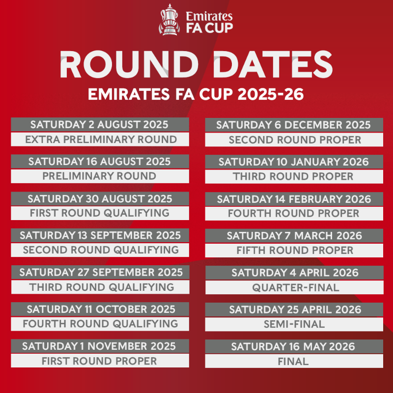 EmiratesFACup's tweet photo. The round dates for the 2025-26 #EmiratesFACup season 🏆