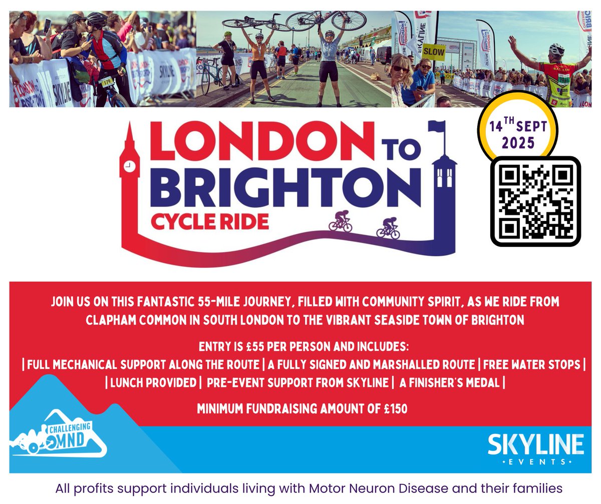 challengingmnd's tweet image. Join Us for the London to Brighton Cycle Ride!
We have places available for this year’s iconic Ride – an unforgettable event and a fantastic way to support people living with Motor Neurone Disease (MND).
⭐️Scan the QR code to sign up today and be part of something special
