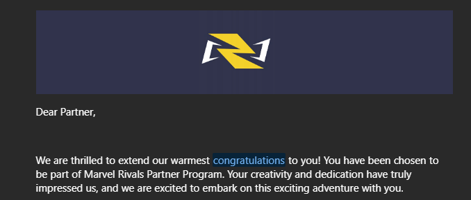 Thrilled to share that I’ve officially joined the <a href="/MarvelRivals/">Marvel Rivals</a> Partner Program!

Super grateful for the opportunity and beyond excited to collaborate with a game I truly love. Weeeeeeee!! 🚀

#MarvelRivalsPartner