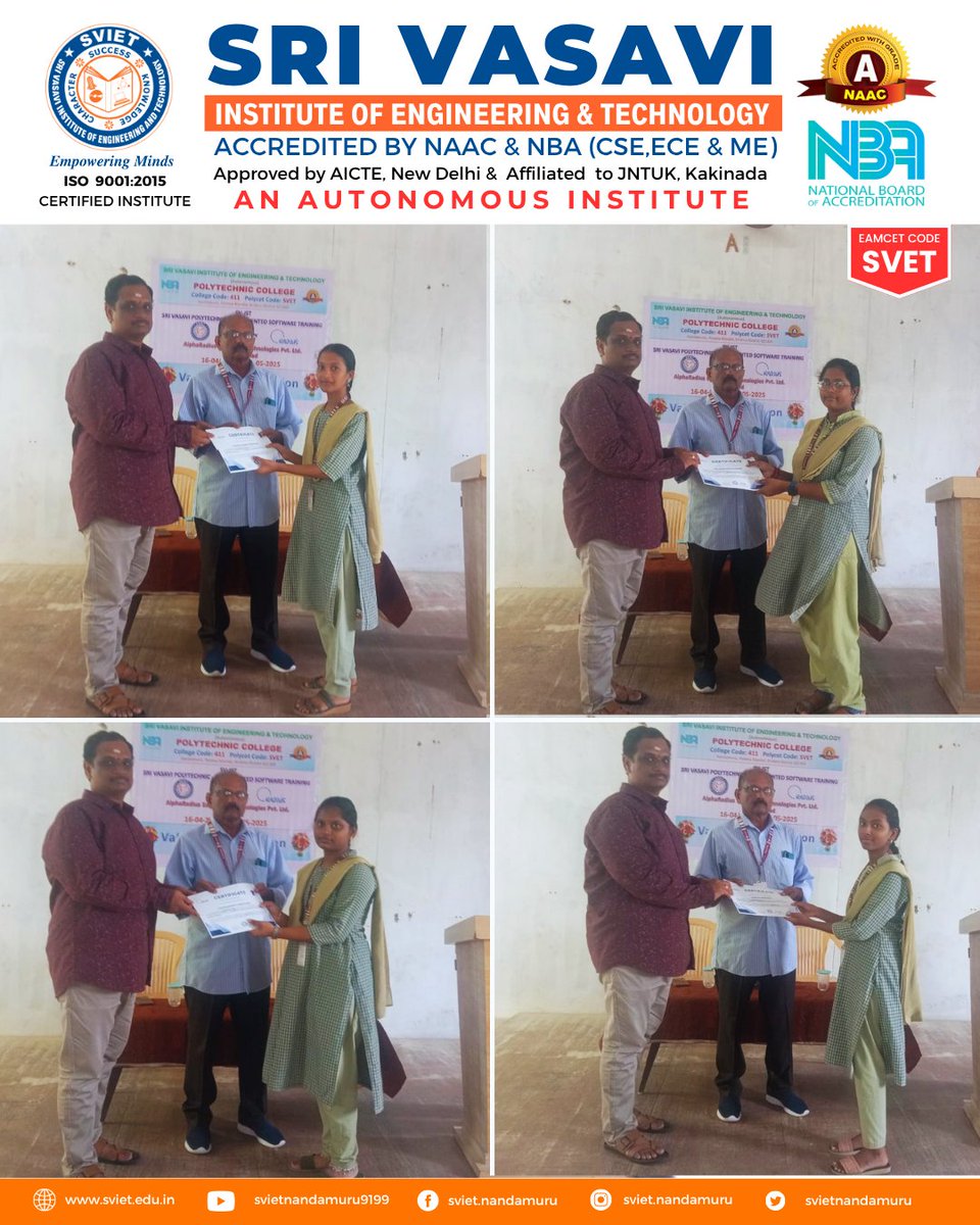 SVIETNandamuru's tweet image. Big Win for Our Polytechnic Stars! 💻✨
SVIET’s final-year Computer Engineering students just leveled up!
Proud moment for SVIET! 👏
#SVIET #PolytechnicSuccess #Internships #WorkFromHomeJobs #StudentSuccess #EngineeringCollege #Nandamuru #Vasavi #FutureReady
