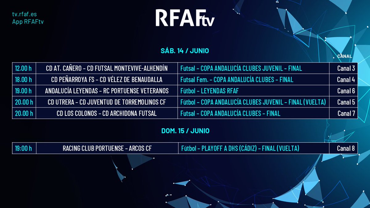 RFAF (@rfaf) on Twitter photo 🤩6⃣ Finales este fin de semana en <a href="/RFAF_tv/">RFAFtv</a> 
⚽️ Partidazos de 𝐶𝑜𝑝𝑎 𝐹𝑢́𝑡𝑏𝑜𝑙 + 𝐹𝑢𝑡𝑠𝑎𝑙 𝑦 𝑃𝑙𝑎𝑦𝑂𝑓𝑓 de ascenso
🏆 #CopadeAndalucía: #Futsalfem #Futsal #futbol
🏆 Ascenso a #DHS: <a href="/RFAFCadiz/">RFAF - Delegación de Cádiz</a> 
📷 Todas estas finales GRATIS, en abierto y para todo el mundo en la 🤩6⃣ Finales este fin de semana en <a href="/RFAF_tv/">RFAFtv</a> 
⚽️ Partidazos de 𝐶𝑜𝑝𝑎 𝐹𝑢́𝑡𝑏𝑜𝑙 + 𝐹𝑢𝑡𝑠𝑎𝑙 𝑦 𝑃𝑙𝑎𝑦𝑂𝑓𝑓 de ascenso
🏆 #CopadeAndalucía: #Futsalfem #Futsal #futbol
🏆 Ascenso a #DHS: <a href="/RFAFCadiz/">RFAF - Delegación de Cádiz</a> 
📷 Todas estas finales GRATIS, en abierto y para todo el mundo en la